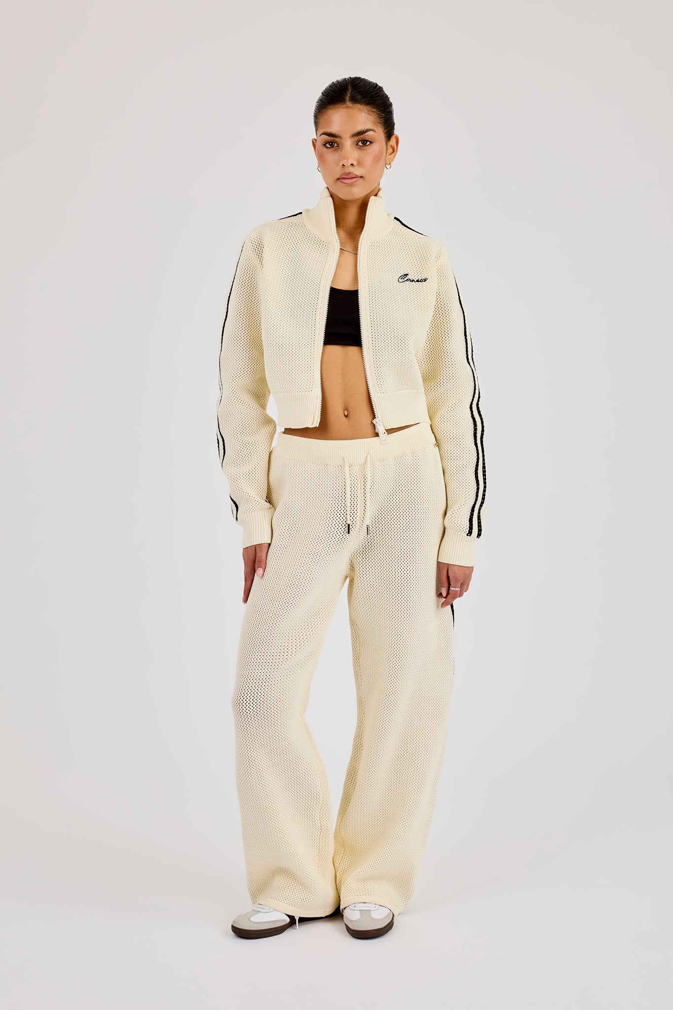 Knitted Taping Funnel Neck Track Jacket & Wide Leg Jogger - Off White
